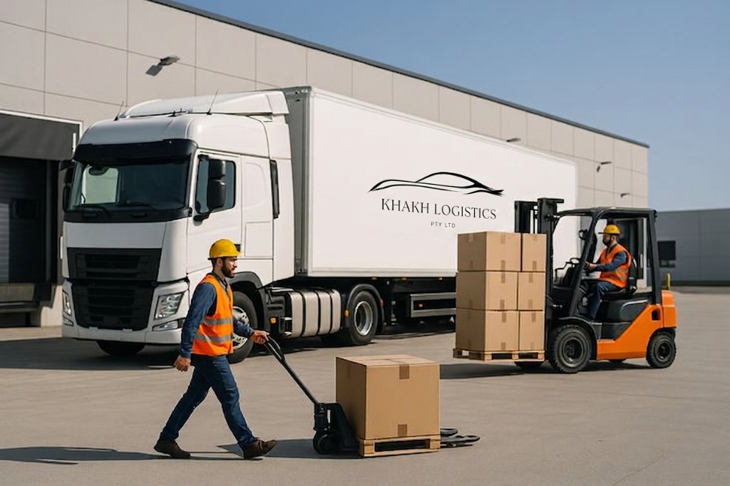Khakh Logistics semi-trailer at warehouse loading docks with crew and forklift