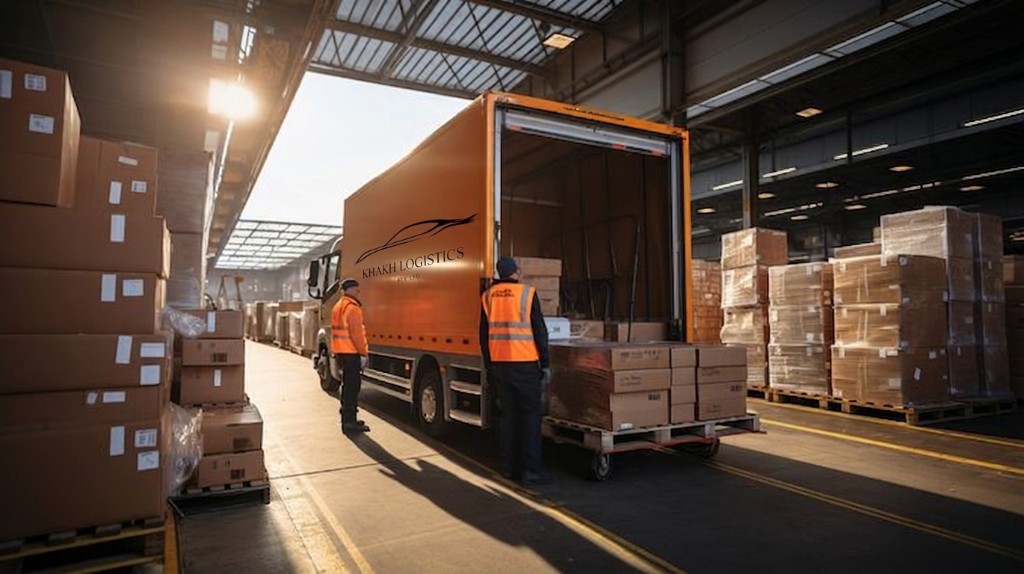Khakh Logistics orange delivery truck loading in warehouse